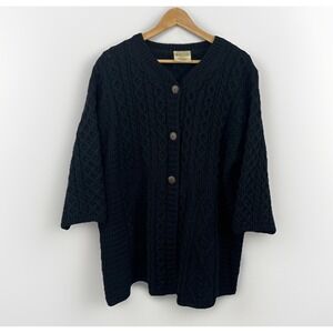 Kilronan Knitwear Black Fisherman Sweater Cardigan Wool Cable Knit Womens XXL